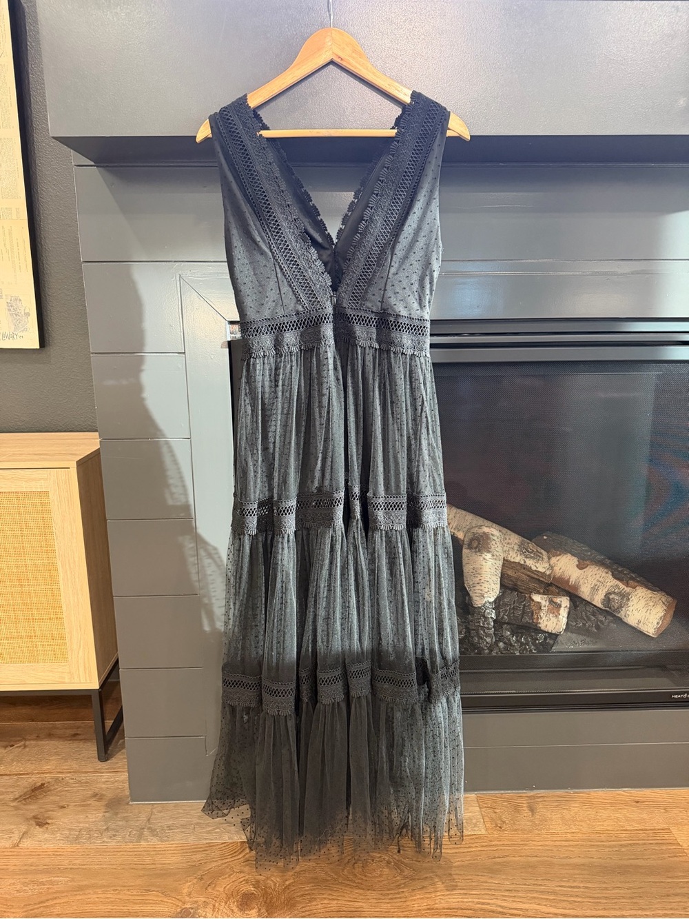 Long Black Polkadot Tulle Dress with Plunging v-Neck